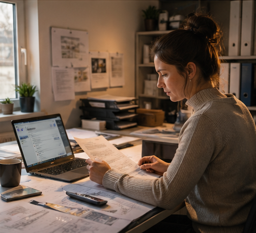 Mitarbeiterin arbeitet abends im Büro mit Unterlagen und Laptop